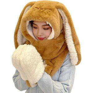 Cute Rabbit Ear Plush Beanie Hat Scarf Set Women Camel Fluffy Fleece Animal Hood
